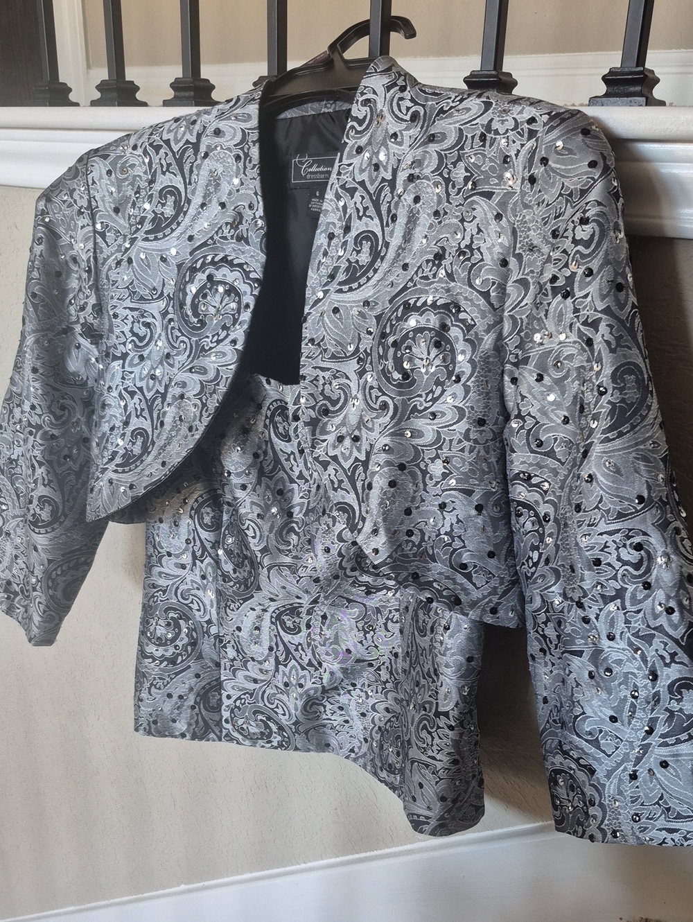 dressbarn Silver Gray Paisley Sequin Open-Front Blazer